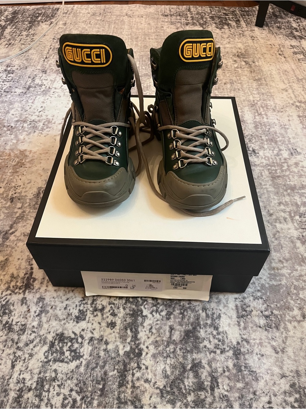 Gucci Men's Dark Green and Olive Hiking Boots with Yellow Logo